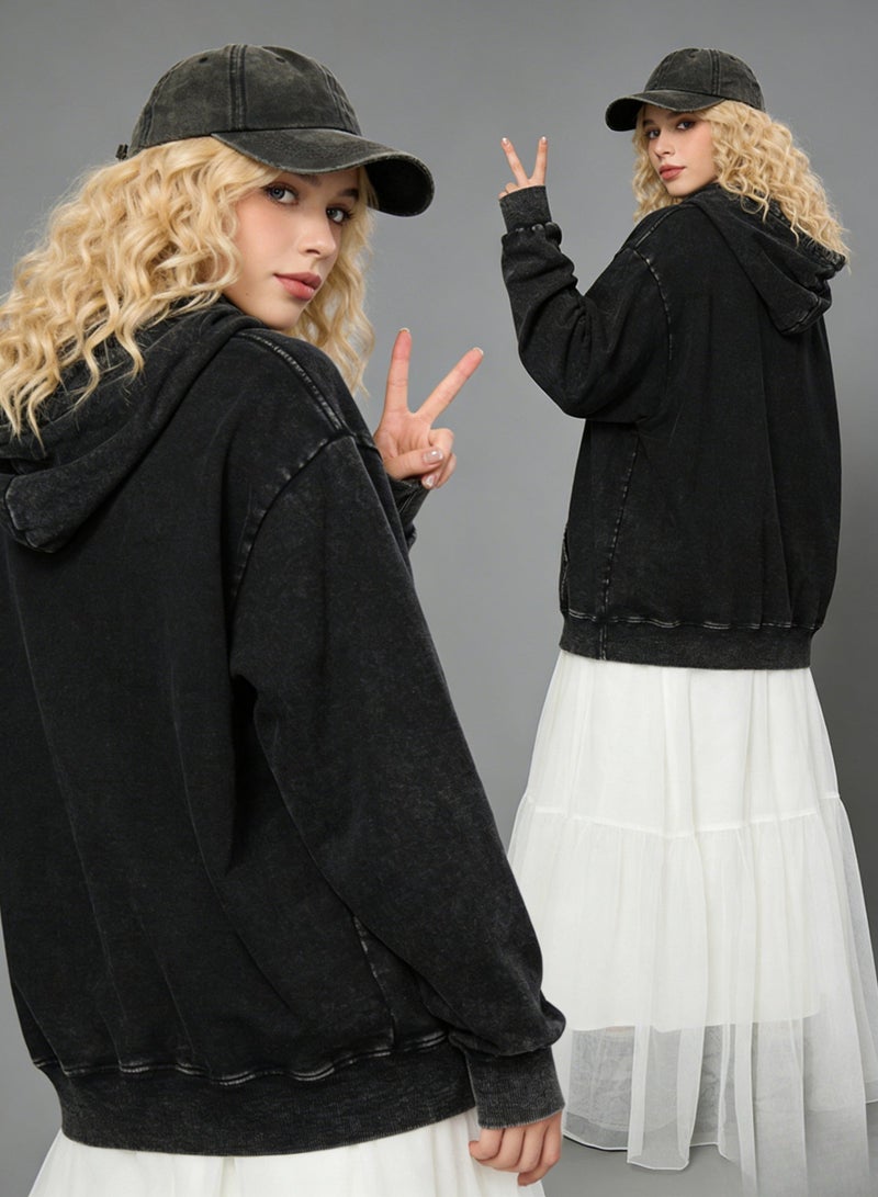 Alo Men's and Women's Washed Black Super Large Hoodie - Retro Fading Cotton Hoodie with Minimalist Logo and Kangaroo Pocket, Suitable for Both Men and Women, Heavy Cotton Up to 400g, Thick and Warm - Image 5